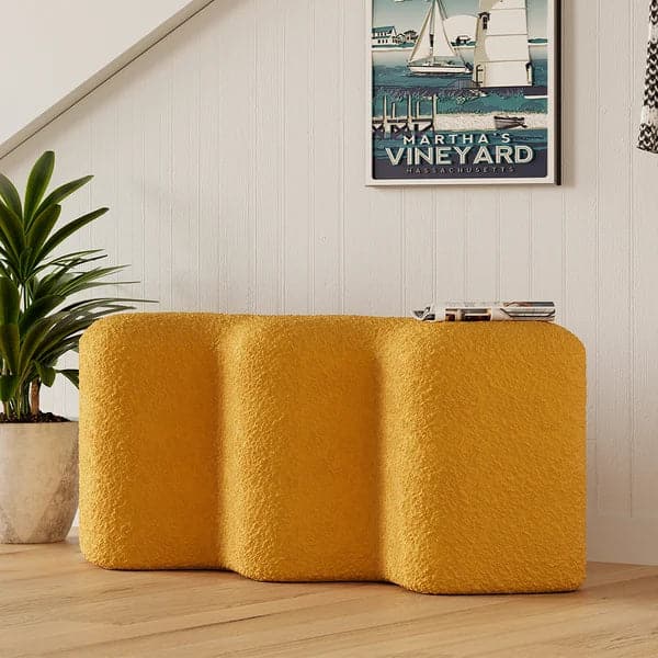 Modern Yellow Entryway Bench Boucle Upholstered Molecule Ottoman Wooden Frame
