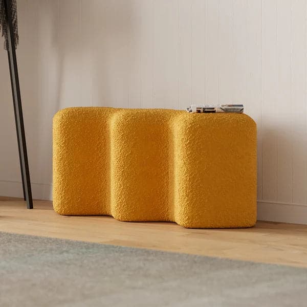 Modern Yellow Entryway Bench Boucle Upholstered Molecule Ottoman Wooden Frame