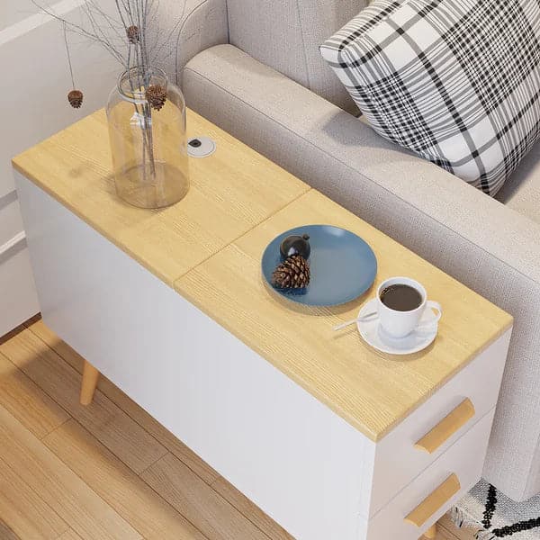 Natural Rectangle End Table with Drawers Modern Sofa Table for Living Room