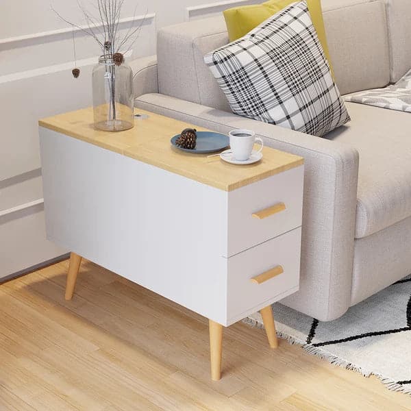 Natural Rectangle End Table with Drawers Modern Sofa Table for Living Room