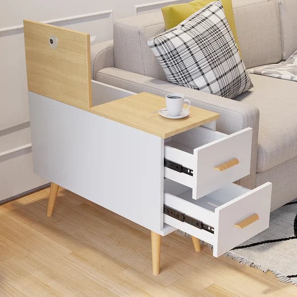 Natural Rectangle End Table with Drawers Modern Sofa Table for Living Room