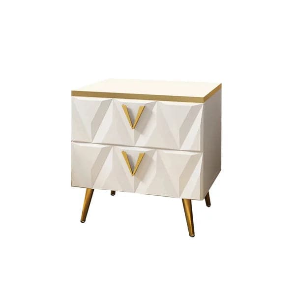 Nordic White Nightstand 2-Drawer Bedside Table V-Shaped Facet and Gold Pulls in Small