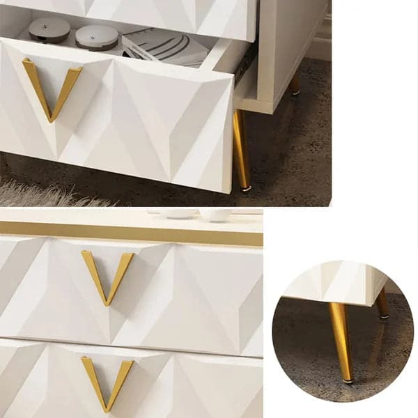 Nordic White Nightstand 2-Drawer Bedside Table V-Shaped Facet and Gold Pulls in Small