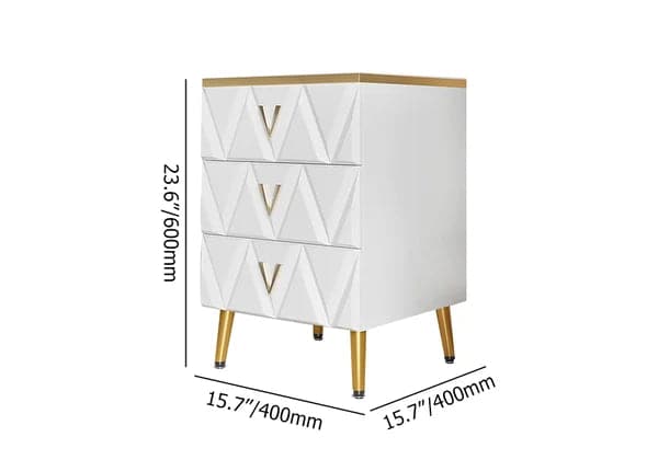 Nordic White Nightstand 3-Drawer V-Shaped Gold Pulls in Large