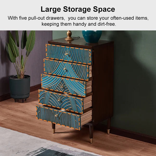 Novel Blue Cabinet Gold-Painted 5-Drawer Chest in Large