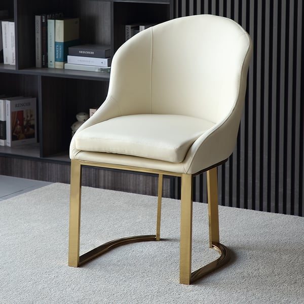 Chaise de salle à manger blanc cassé, chaise d'appoint rembourrée en similicuir, cadre doré (Ensemble de 2)
