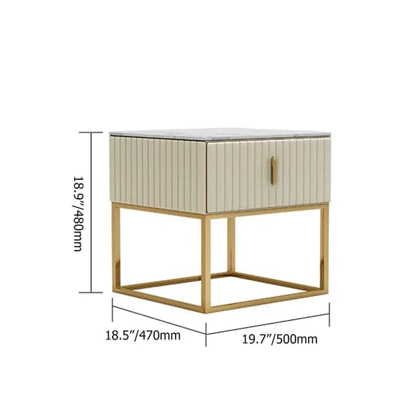 Table de chevet blanc cassé avec dessus en faux marbre et revêtement en PU, table de chevet à 1 tiroir