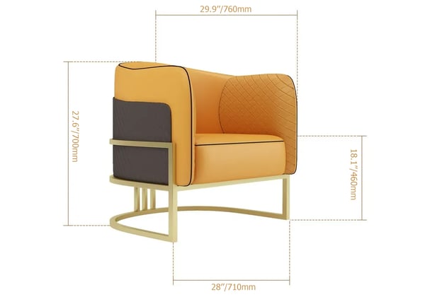 Fauteuil d'appoint en similicuir orange et noir avec accoudoirs rembourrés en métal finition dorée