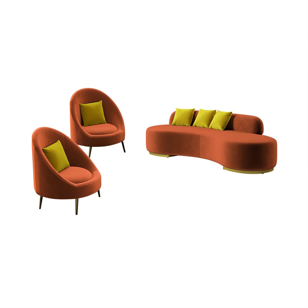 Multicolor Velvet Upholstered Curved Sofa Living Room Set of 3 with Pillows Chairs & 3-seater#Orange