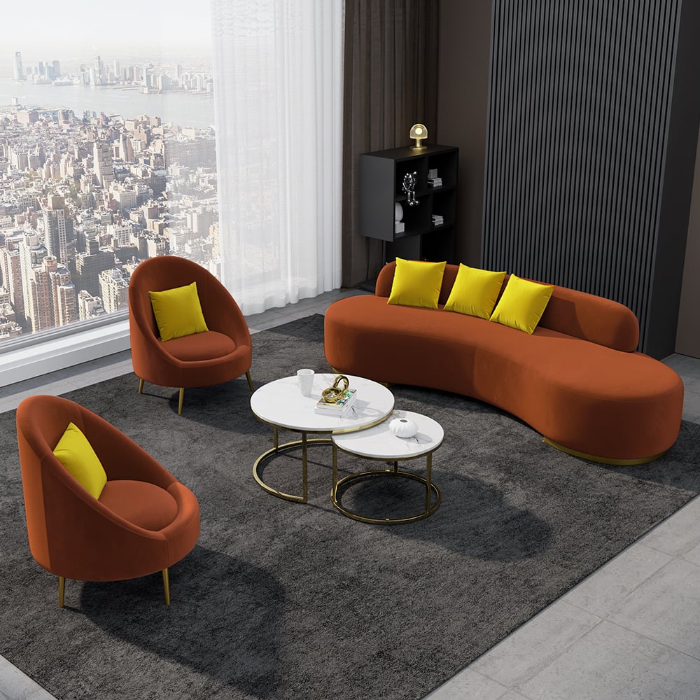 Multicolor Velvet Upholstered Curved Sofa Living Room Set of 3 with Pillows Chairs & 3-seater#Orange