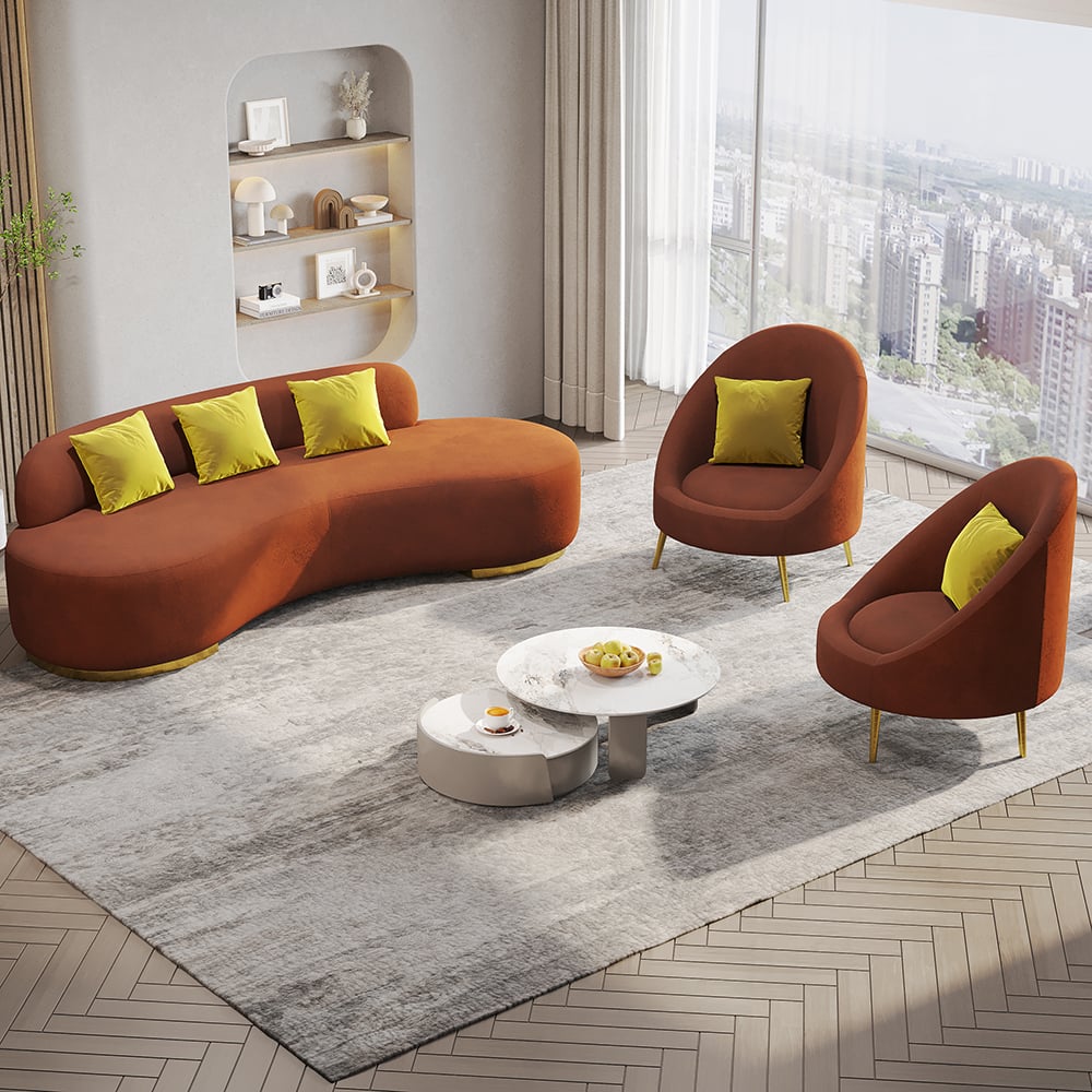 Multicolor Velvet Upholstered Curved Sofa Living Room Set of 3 with Pillows Chairs & 3-seater#Orange