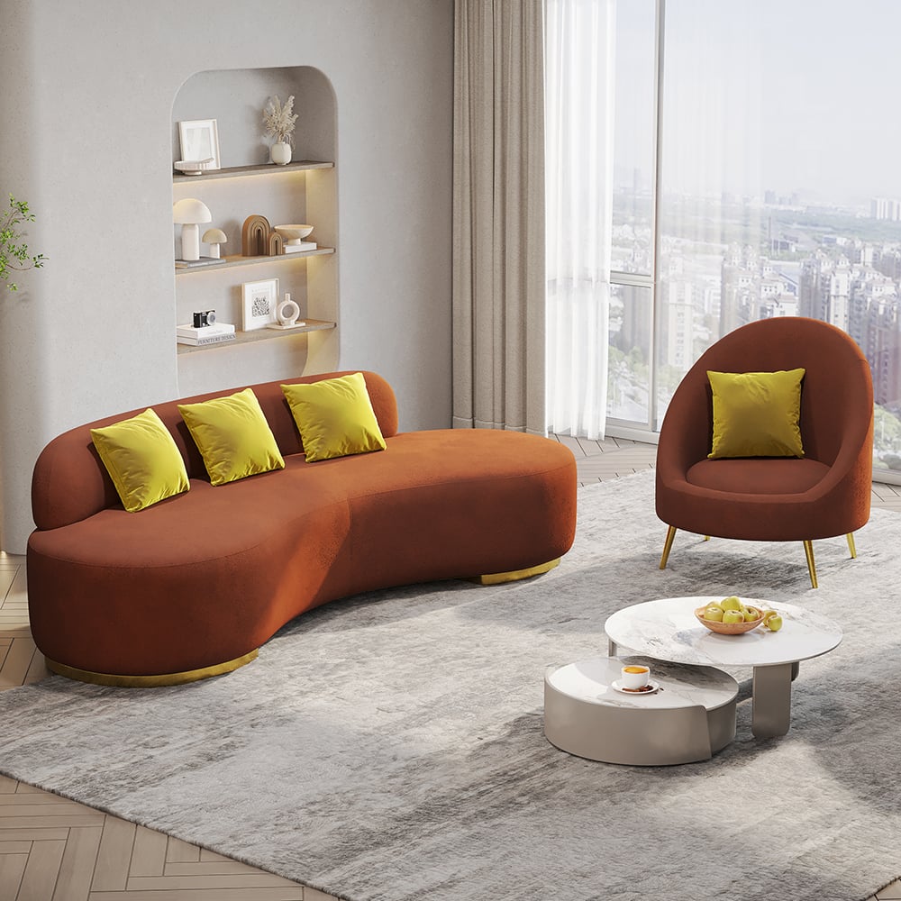 Multicolor Velvet Upholstered Curved Sofa Living Room Set of 3 with Pillows Chairs & 3-seater#Orange