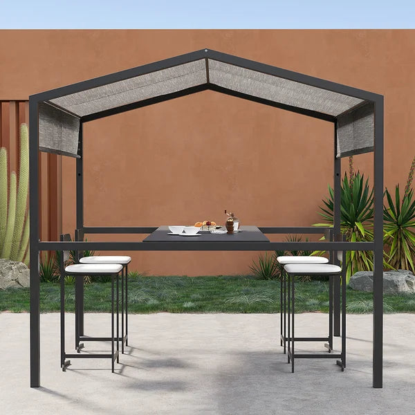 Outdoor Patio Adjustable Height Aluminum Dining Table with Canopy Convirt to Bar Table