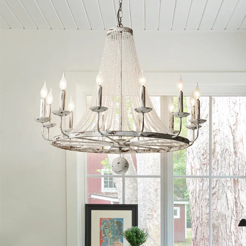 Crylite French Country Candle-Shaped 6-Light Crystal Bead Strands Metal Wheel Chandelier#12-Light