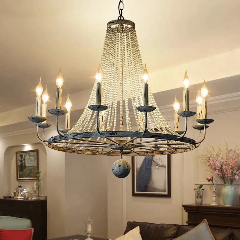 Crylite French Country Candle-Shaped 6-Light Crystal Bead Strands Metal Wheel Chandelier#12-Light