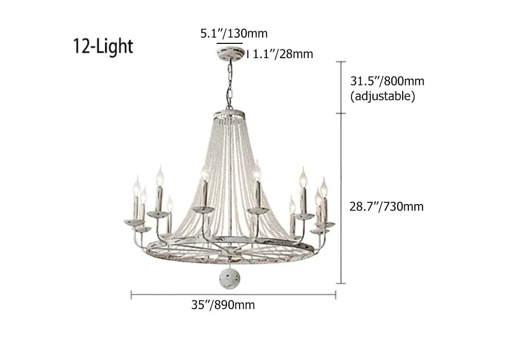 Crylite French Country Candle-Shaped 6-Light Crystal Bead Strands Metal Wheel Chandelier#12-Light