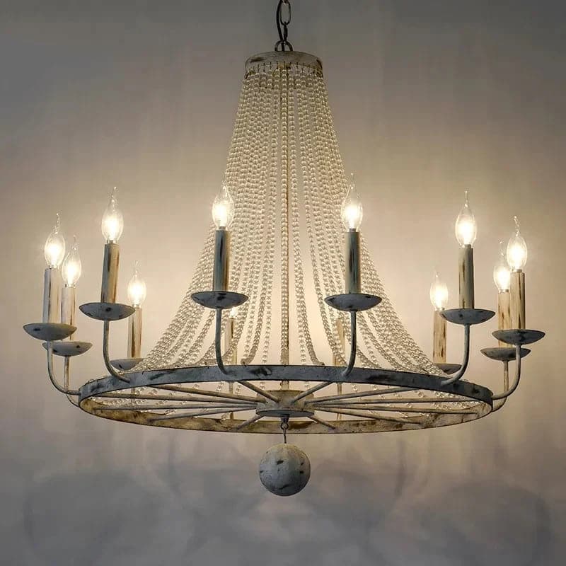 Crylite French Country Candle-Shaped 6-Light Crystal Bead Strands Metal Wheel Chandelier#12-Light