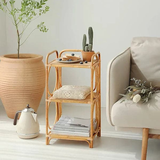 Pine Wood Side Table in Natural with 3-Tier Storage Rattan Woven End Table