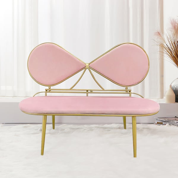 Pink 49 Inches Bowknot Loveseat Velvet Upholstered Sofa in Gold Legs