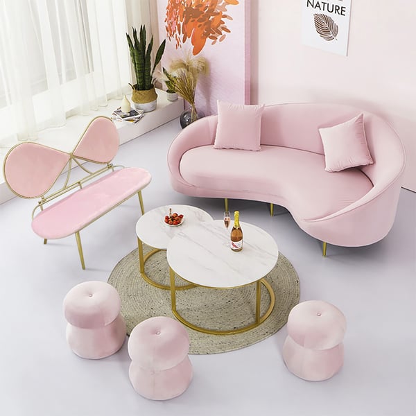 Pink 49 Inches Bowknot Loveseat Velvet Upholstered Sofa in Gold Legs
