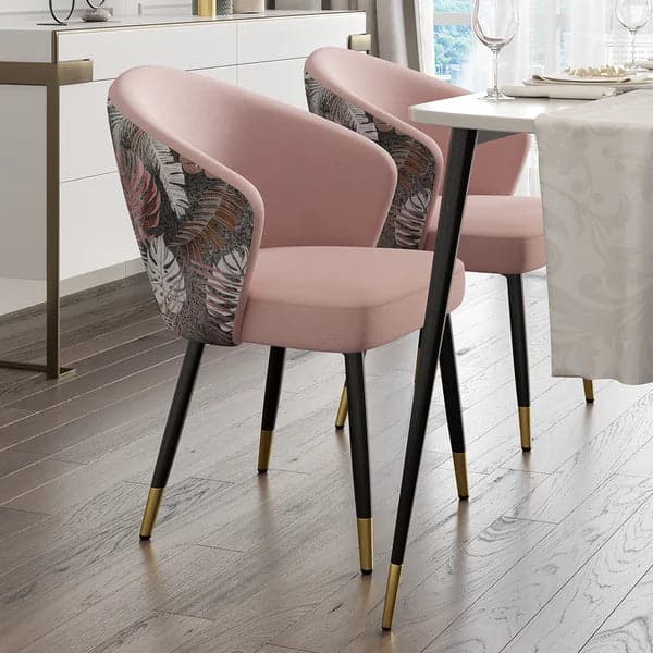 Pink Upholstered Velvet Dining Chair Modern Arm Chair in Gold & Black