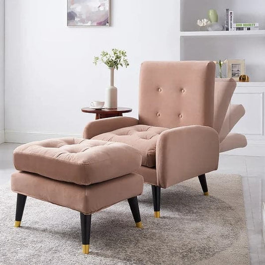 Chaise longue rembourrée en velours rose avec repose-pieds et dossier réglable