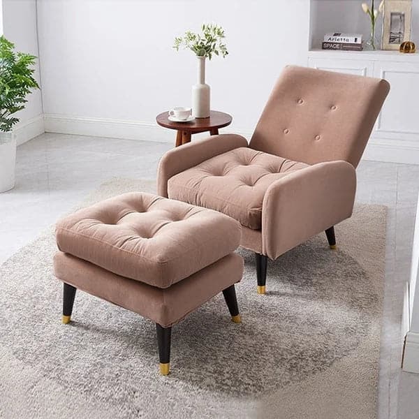 Chaise longue rembourrée en velours rose avec repose-pieds et dossier réglable