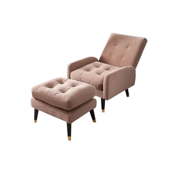 Chaise longue rembourrée en velours rose avec repose-pieds et dossier réglable