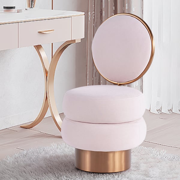 Tabouret de meuble-lavabo en velours rose avec chaise d'appoint ronde capitonnée à dossier or rose