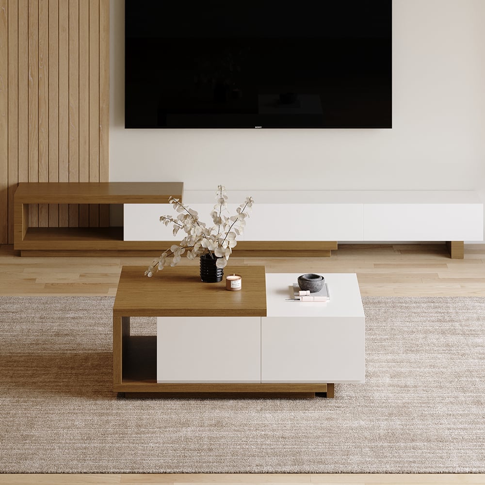 Modern White & Walnut Coffee Table Retracted & Extendable with 2-Drawer