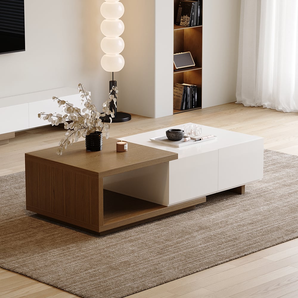 Modern White & Walnut Coffee Table Retracted & Extendable with 2-Drawer