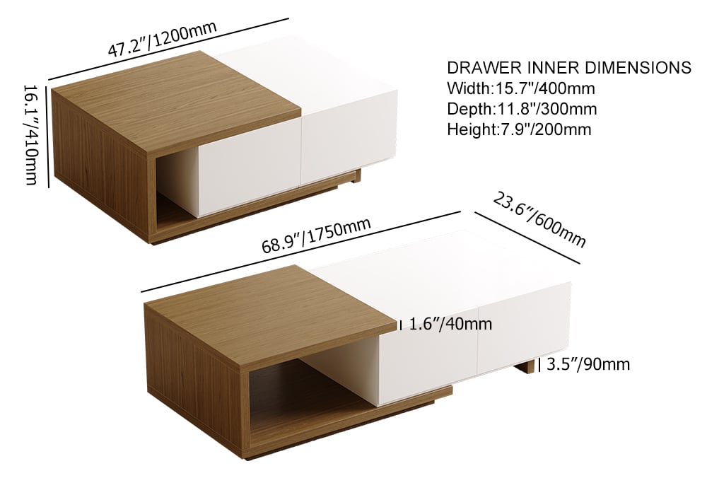 Modern White & Walnut Coffee Table Retracted & Extendable with 2-Drawer