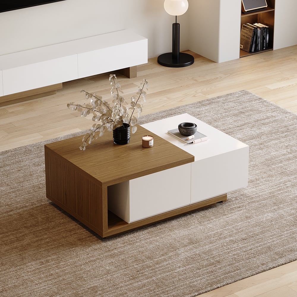 Modern White & Walnut Coffee Table Retracted & Extendable with 2-Drawer