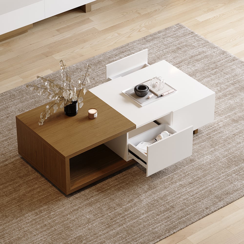 Modern White & Walnut Coffee Table Retracted & Extendable with 2-Drawer