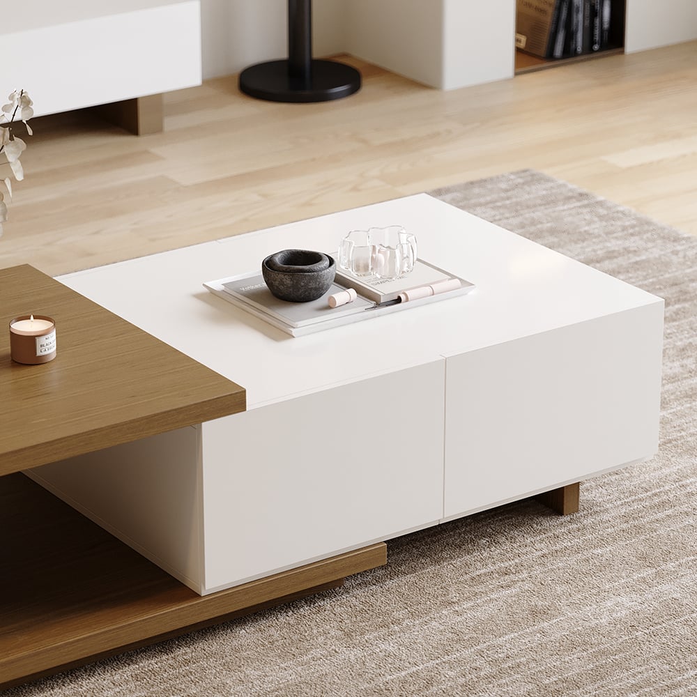 Modern White & Walnut Coffee Table Retracted & Extendable with 2-Drawer