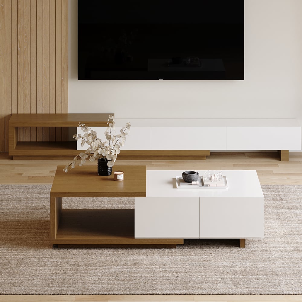 Modern White & Walnut Coffee Table Retracted & Extendable with 2-Drawer