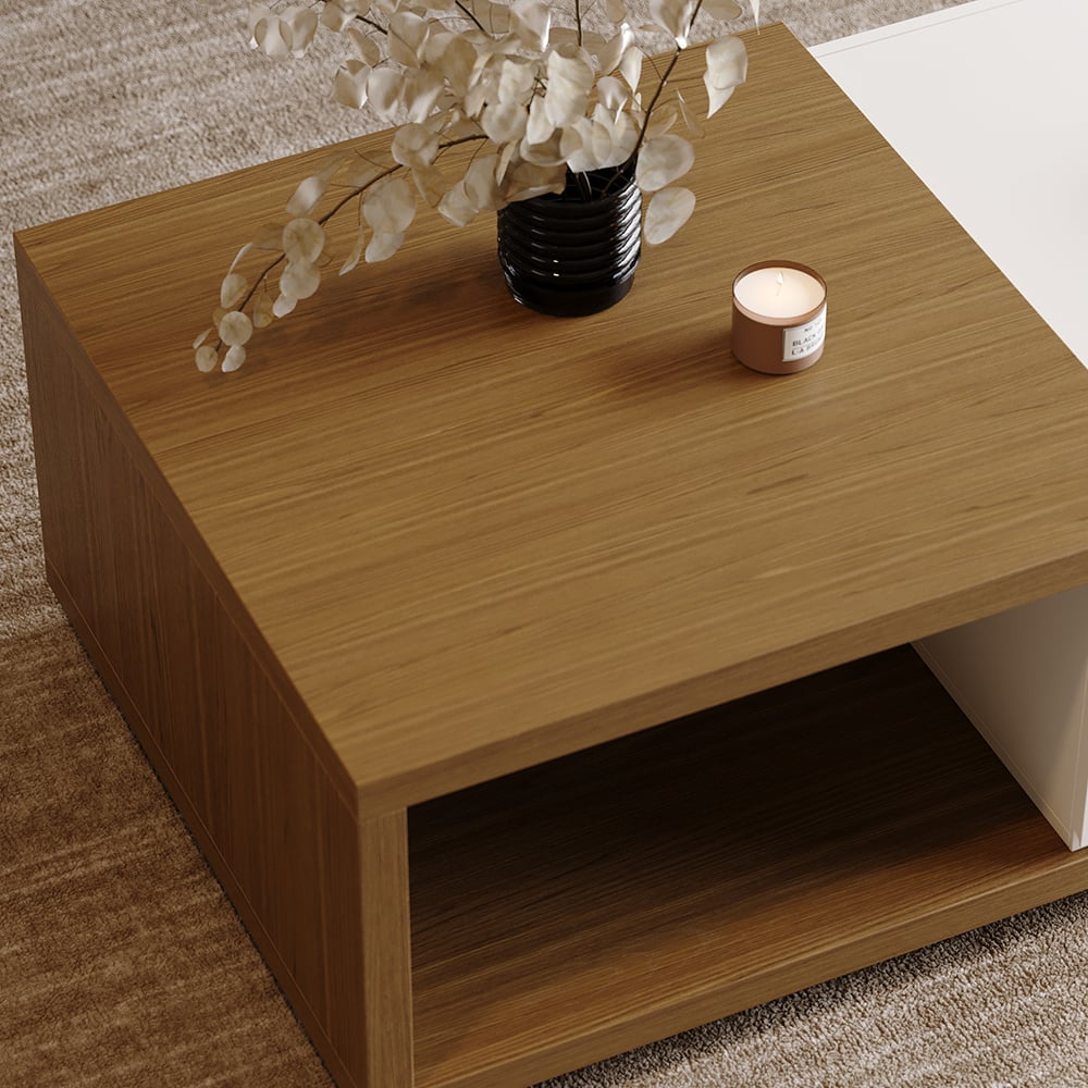 Modern White & Walnut Coffee Table Retracted & Extendable with 2-Drawer