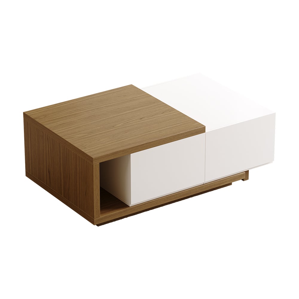 Modern White & Walnut Coffee Table Retracted & Extendable with 2-Drawer