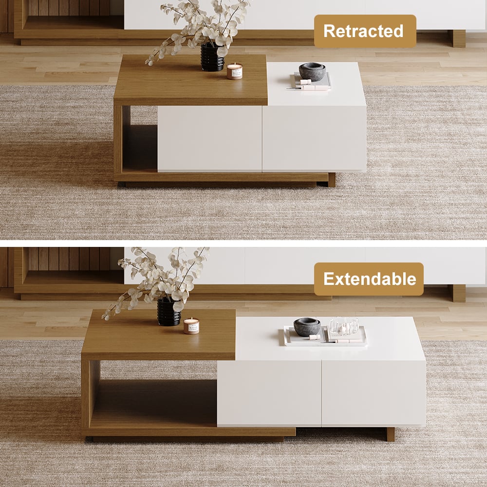 Modern White & Walnut Coffee Table Retracted & Extendable with 2-Drawer