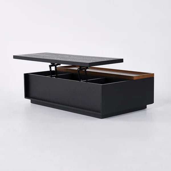 Table basse rectangulaire avec rangement et tiroirs, noir et noyer