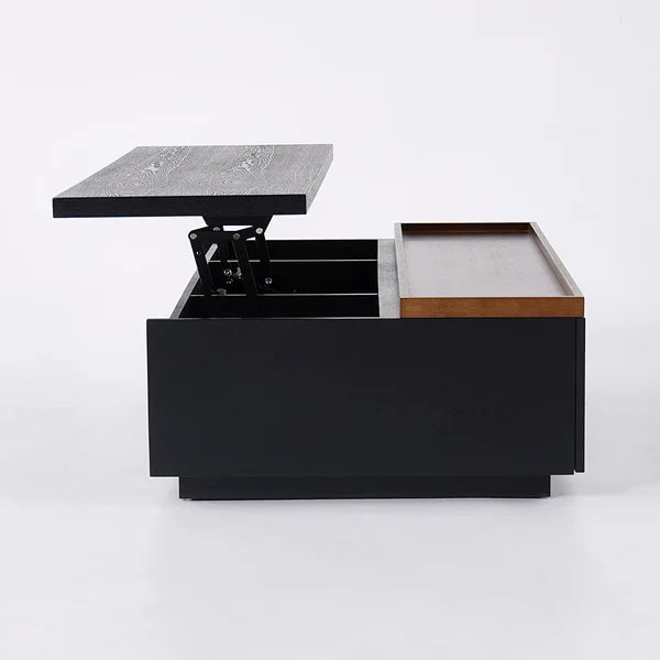 Table basse rectangulaire avec rangement et tiroirs, noir et noyer