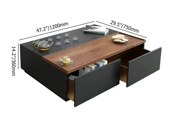 Table basse rectangulaire avec rangement et tiroirs, noir et noyer