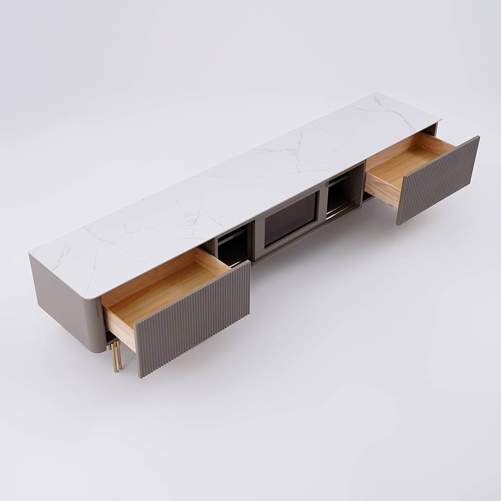 Rectangular Stone Top TV Stand Console with Storage Glass Sliding Doors