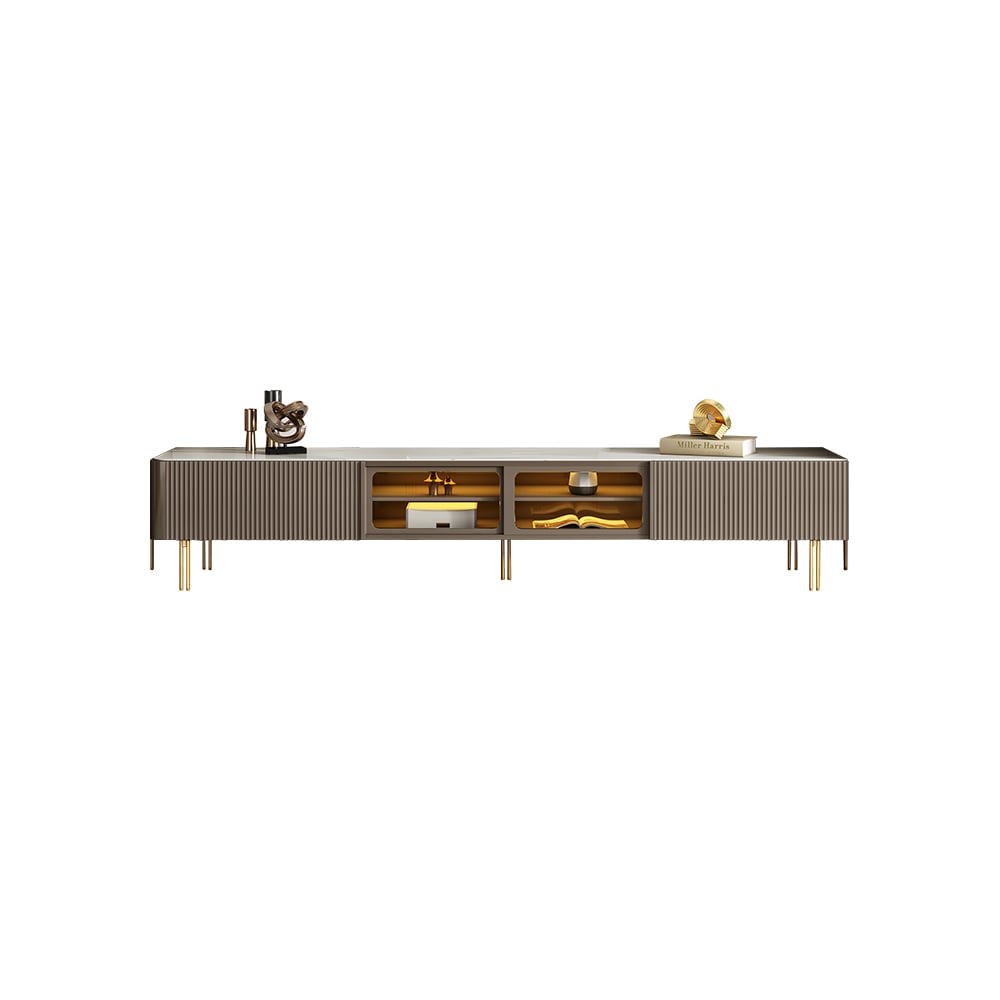 Rectangular Stone Top TV Stand Console with Storage Glass Sliding Doors