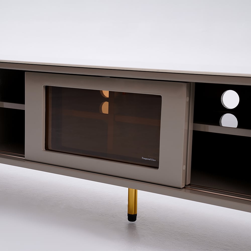 Rectangular Stone Top TV Stand Console with Storage Glass Sliding Doors