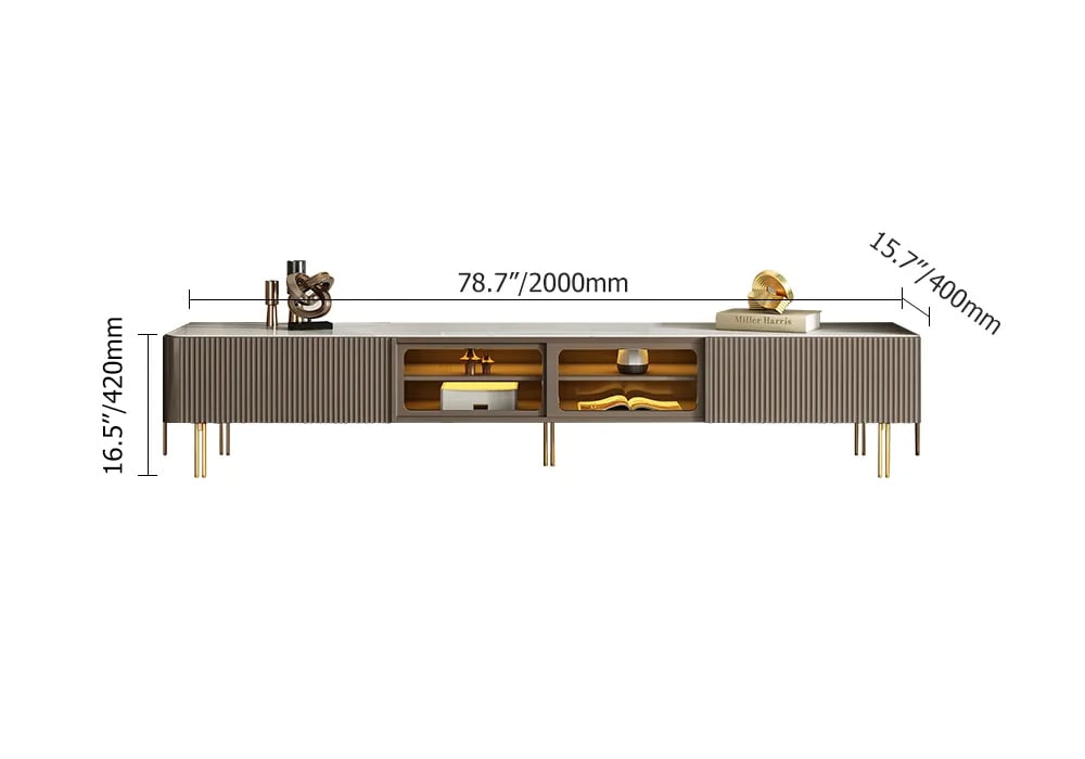 Rectangular Stone Top TV Stand Console with Storage Glass Sliding Doors