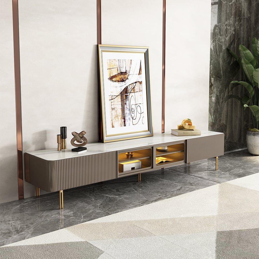 Rectangular Stone Top TV Stand Console with Storage Glass Sliding Doors