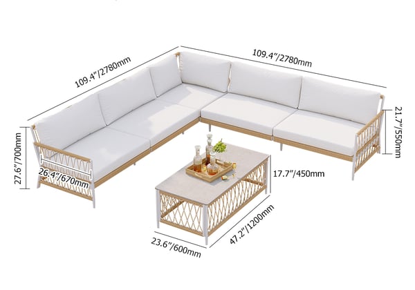 Ropipe 4 Pieces L Shape Woven Rope Outdoor Sectional Sofa Set in Khaki & White For 5