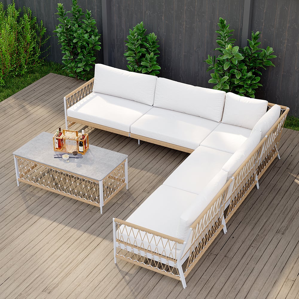 Ropipe 4 Pieces L Shape Woven Rope Outdoor Sectional Sofa Set in Khaki & White For 5