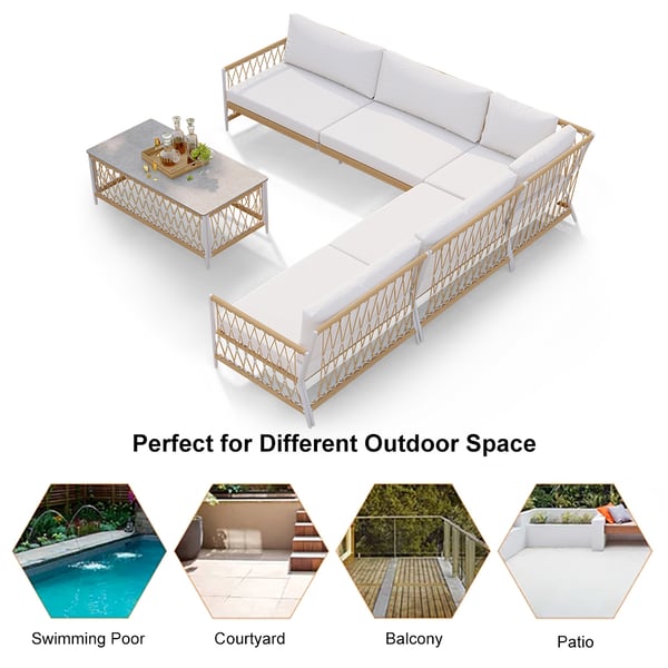 Ropipe 4 Pieces L Shape Woven Rope Outdoor Sectional Sofa Set in Khaki & White For 5